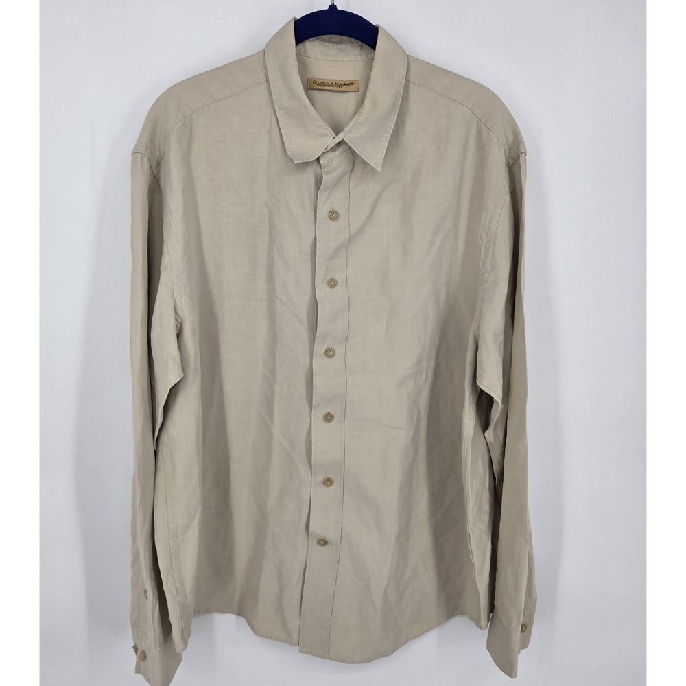 Donna Karan Signature Silk Linen Blend Button Up Blouse Womens Medium Tan Beige